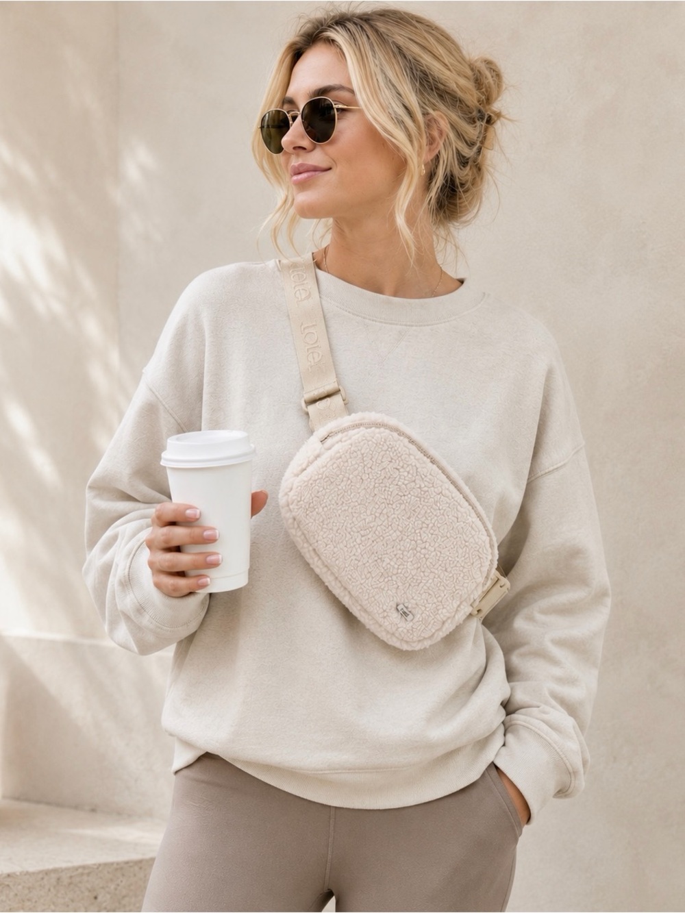 Lole Cream Sherpa Teddy Belt Bag Crossbody Fanny Pack Cozy Minimalist
